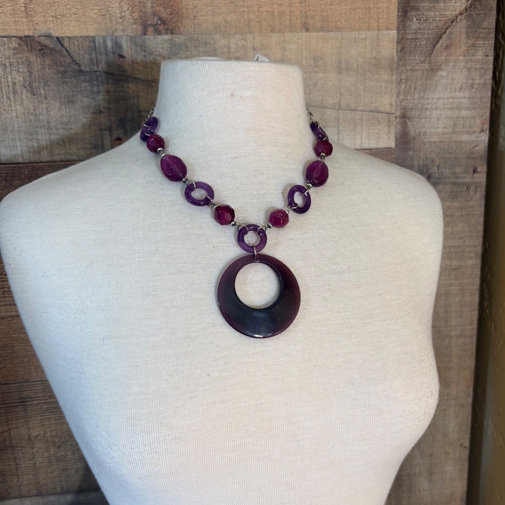 Vintage Style Purple Chunky Bead Statement Necklace Large Circular Pendant